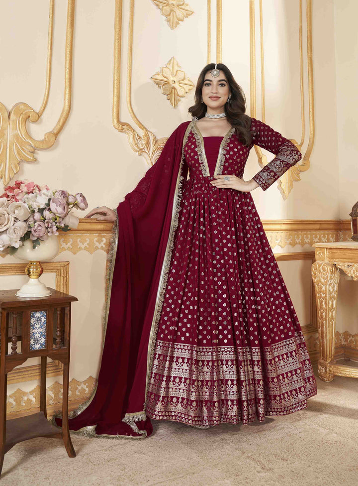 Faux Georgette Red Anarkali Gown | Metallic Foil Work & Lace Border for Weddings