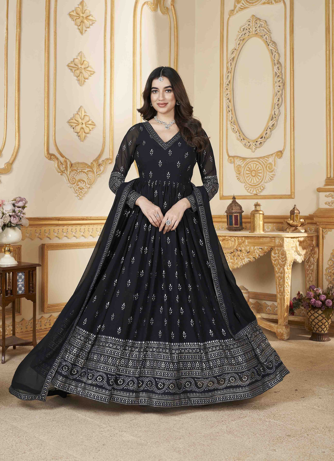 Navy Anarkali Gown | Faux Georgette with Metallic Foil Work for Weddings