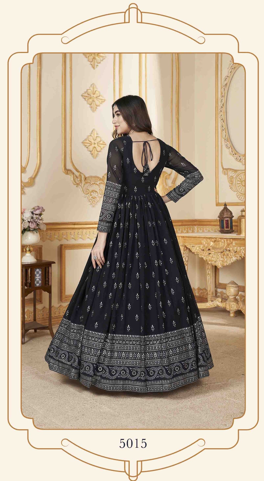 Navy Anarkali Gown | Faux Georgette with Metallic Foil Work for Weddings