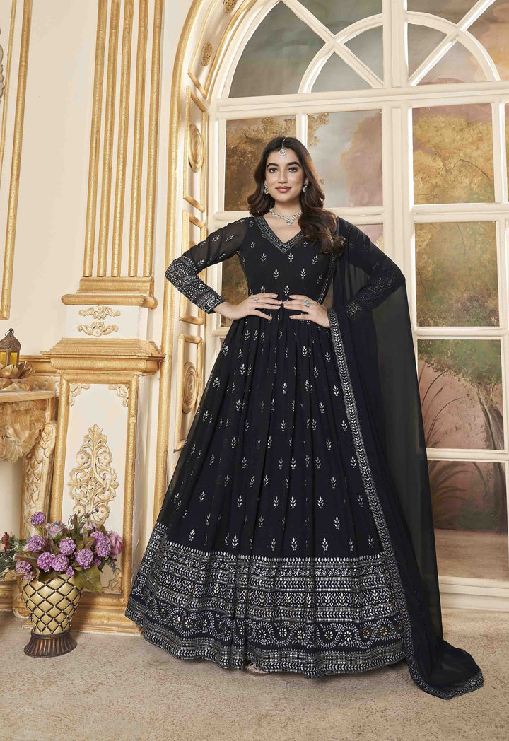 Navy Anarkali Gown | Faux Georgette with Metallic Foil Work for Weddings