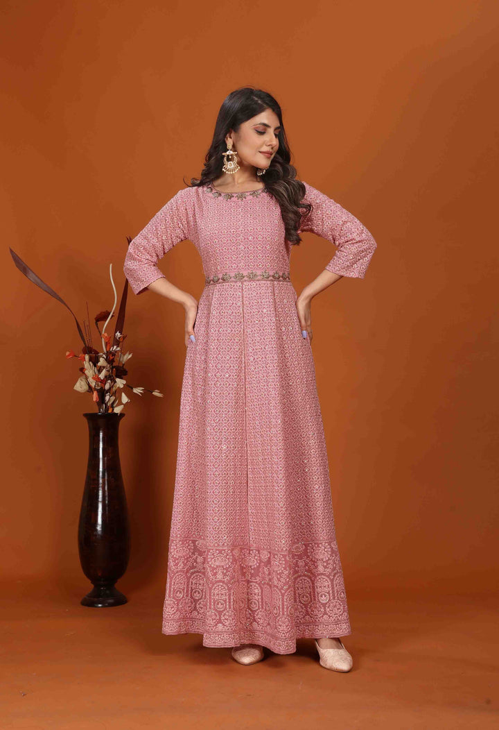 Elegant Fox Georgette Gown | Heavy Embroidery & Lace Dupatta for Weddings