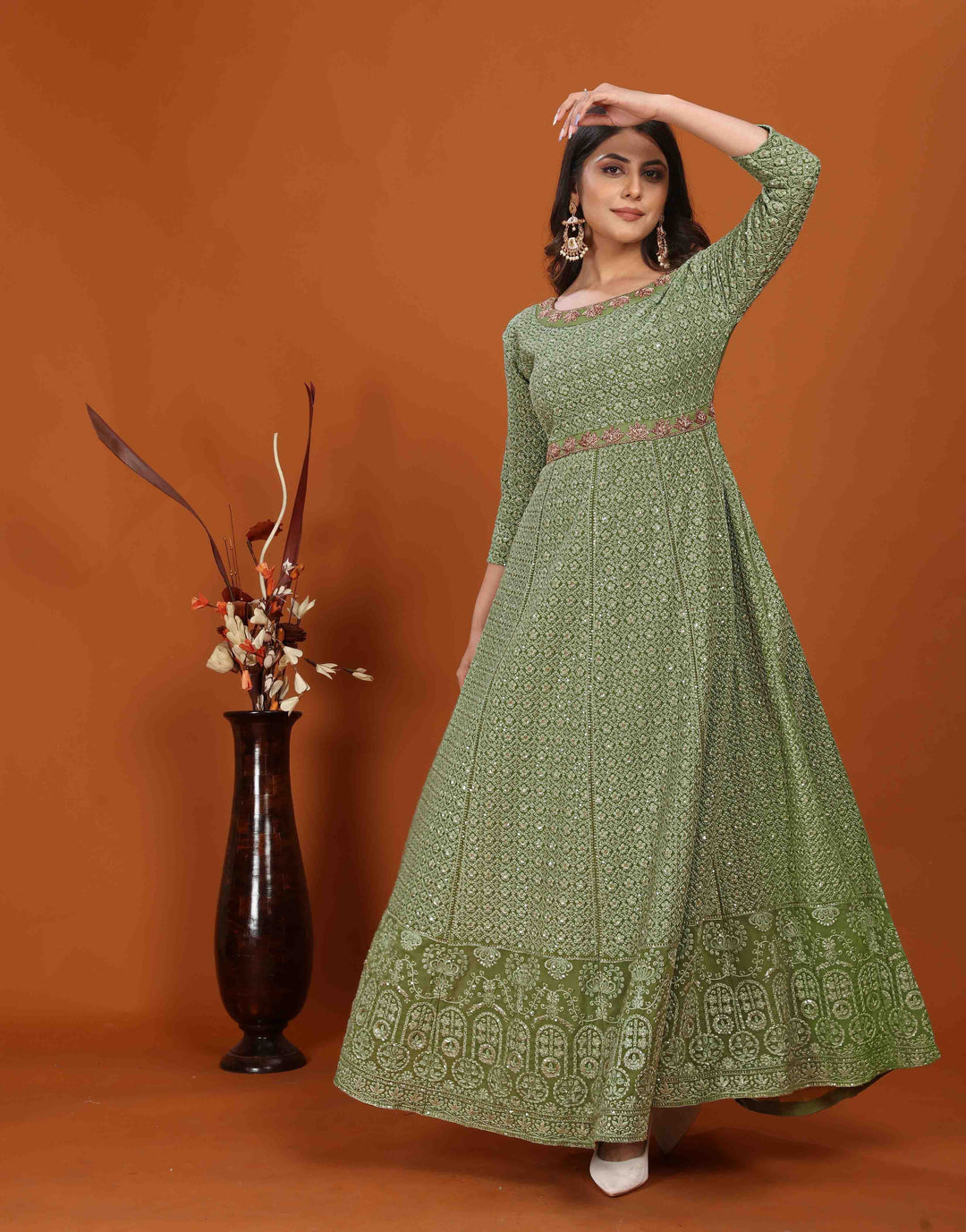 Elegant Fox Georgette Gown | Heavy Embroidery & Lace Dupatta for Weddings