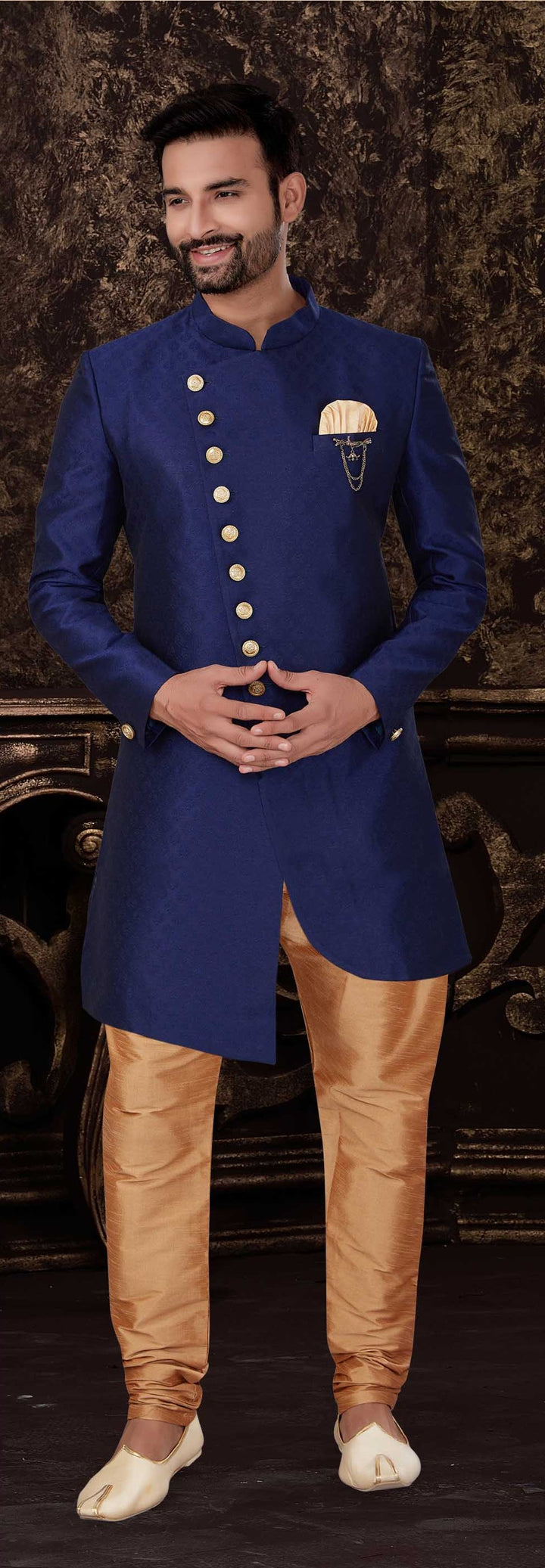 Traditional Blue Jacquard Silk Kurta | Lucknowi Work with Gold Cotton Pant