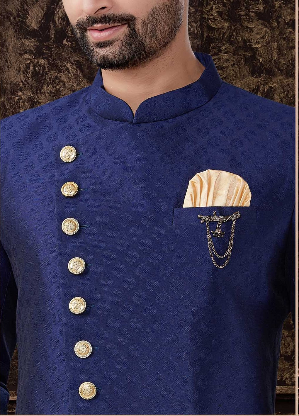 Traditional Blue Jacquard Silk Kurta | Lucknowi Work with Gold Cotton Pant