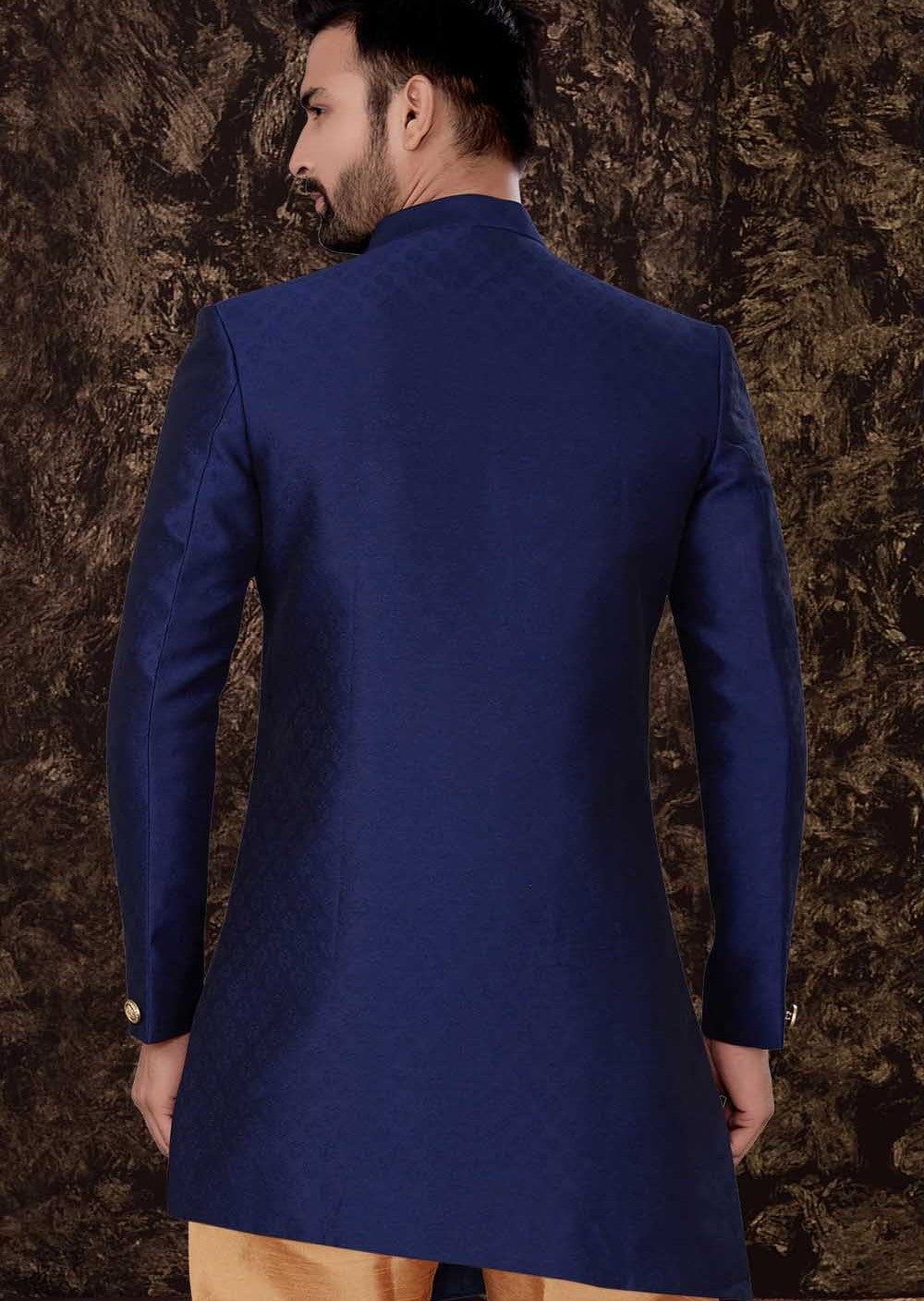 Traditional Blue Jacquard Silk Kurta | Lucknowi Work with Gold Cotton Pant