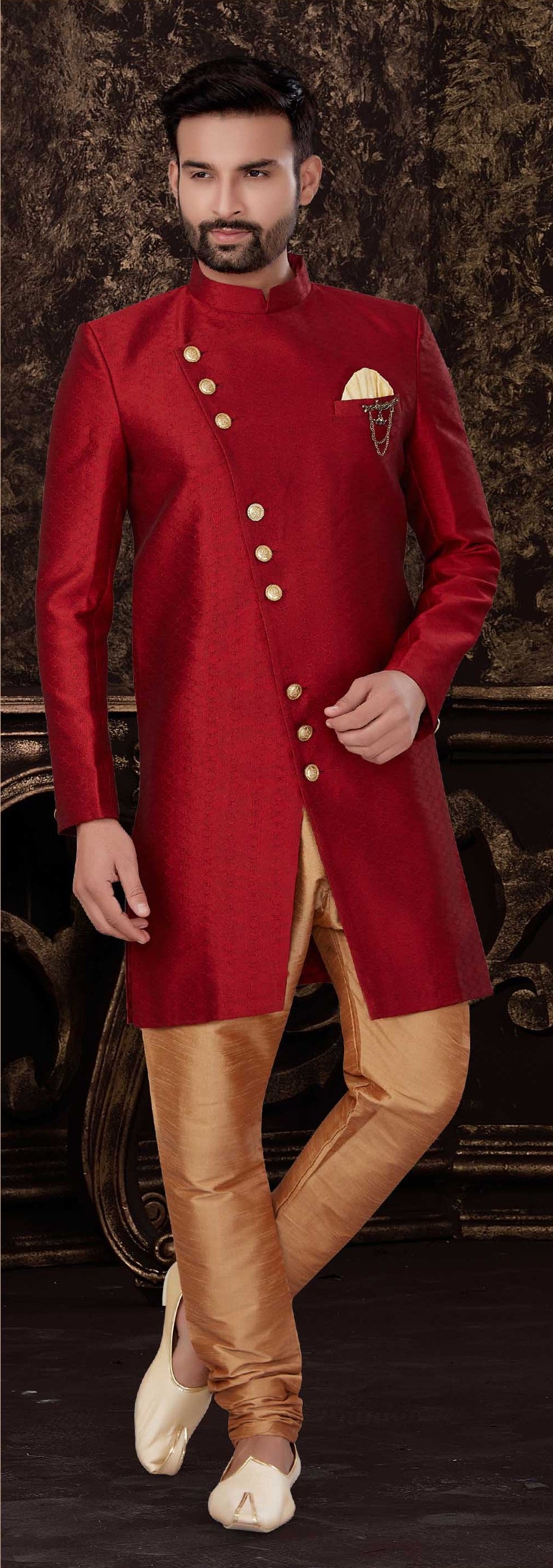 Elegant Red Kurta Set | Jacquard Silk Kurta with Gold Cotton Pant