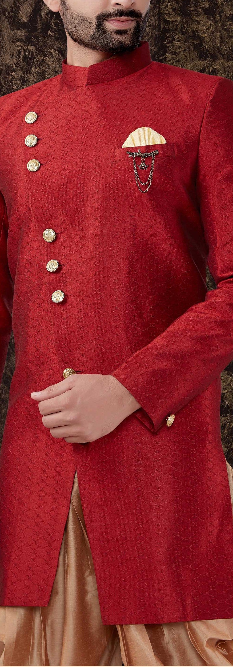 Elegant Red Kurta Set | Jacquard Silk Kurta with Gold Cotton Pant