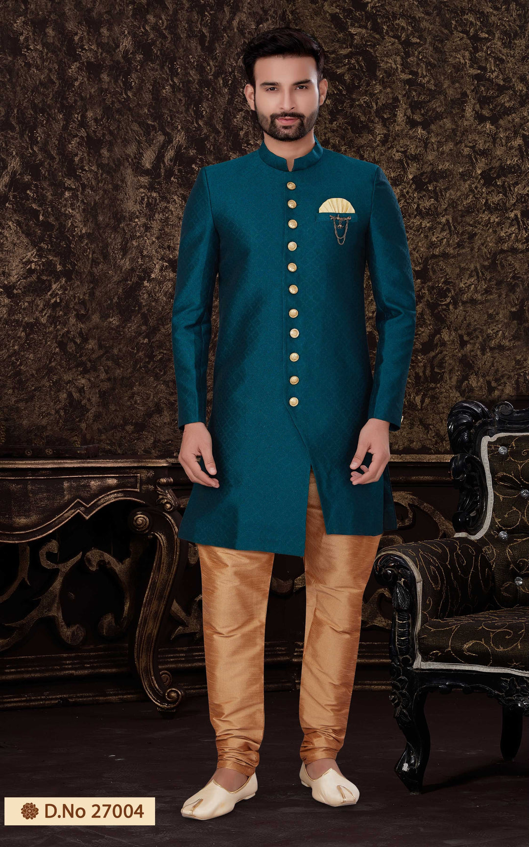 Sea Blue Jacquard Silk Kurta | Elegant Traditional Wear with Gold Cotton Pant