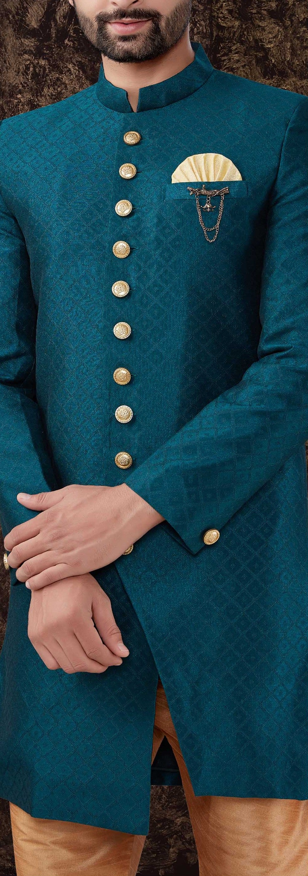 Sea Blue Jacquard Silk Kurta | Elegant Traditional Wear with Gold Cotton Pant