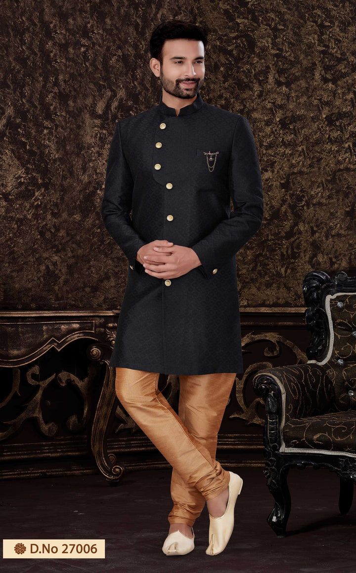 Stylish Black Indowestern Kurta Set | Jacquard Silk Kurta with Gold Bottom