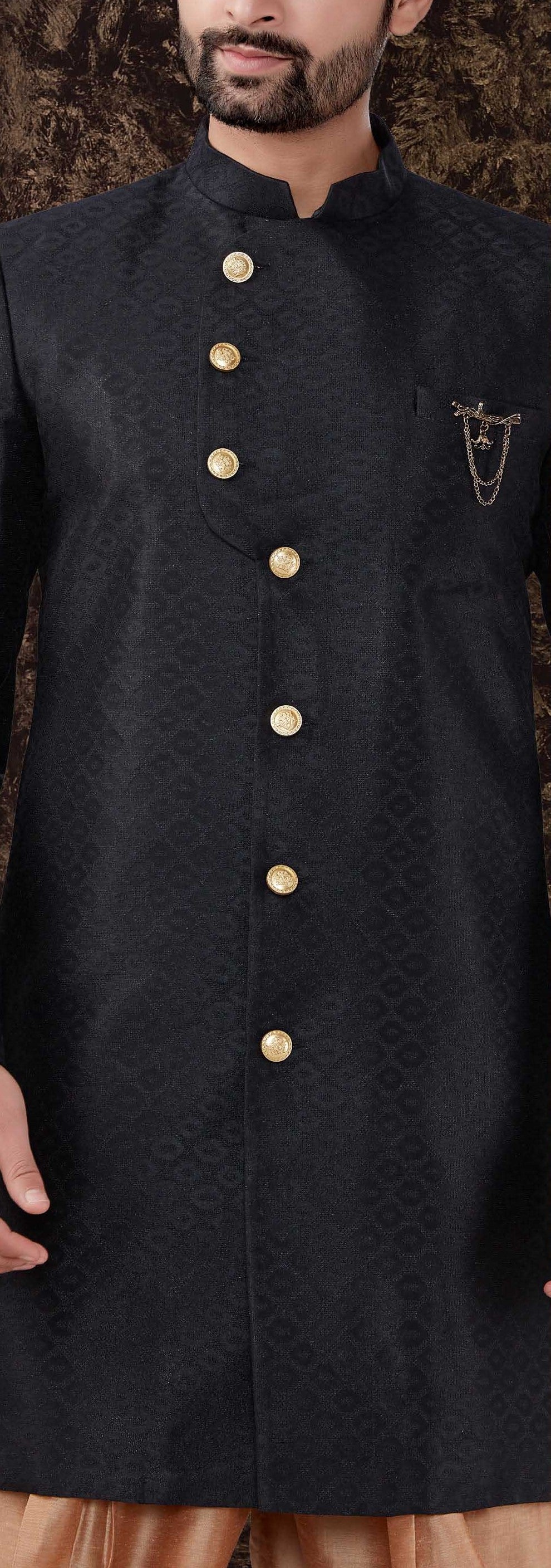 Stylish Black Indowestern Kurta Set | Jacquard Silk Kurta with Gold Bottom