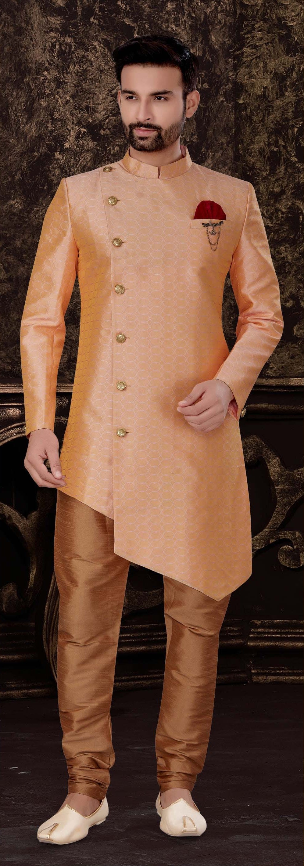 Peach Jacquard Silk Kurta | Indowestern Ethnic Wear with Gold Cotton Pant