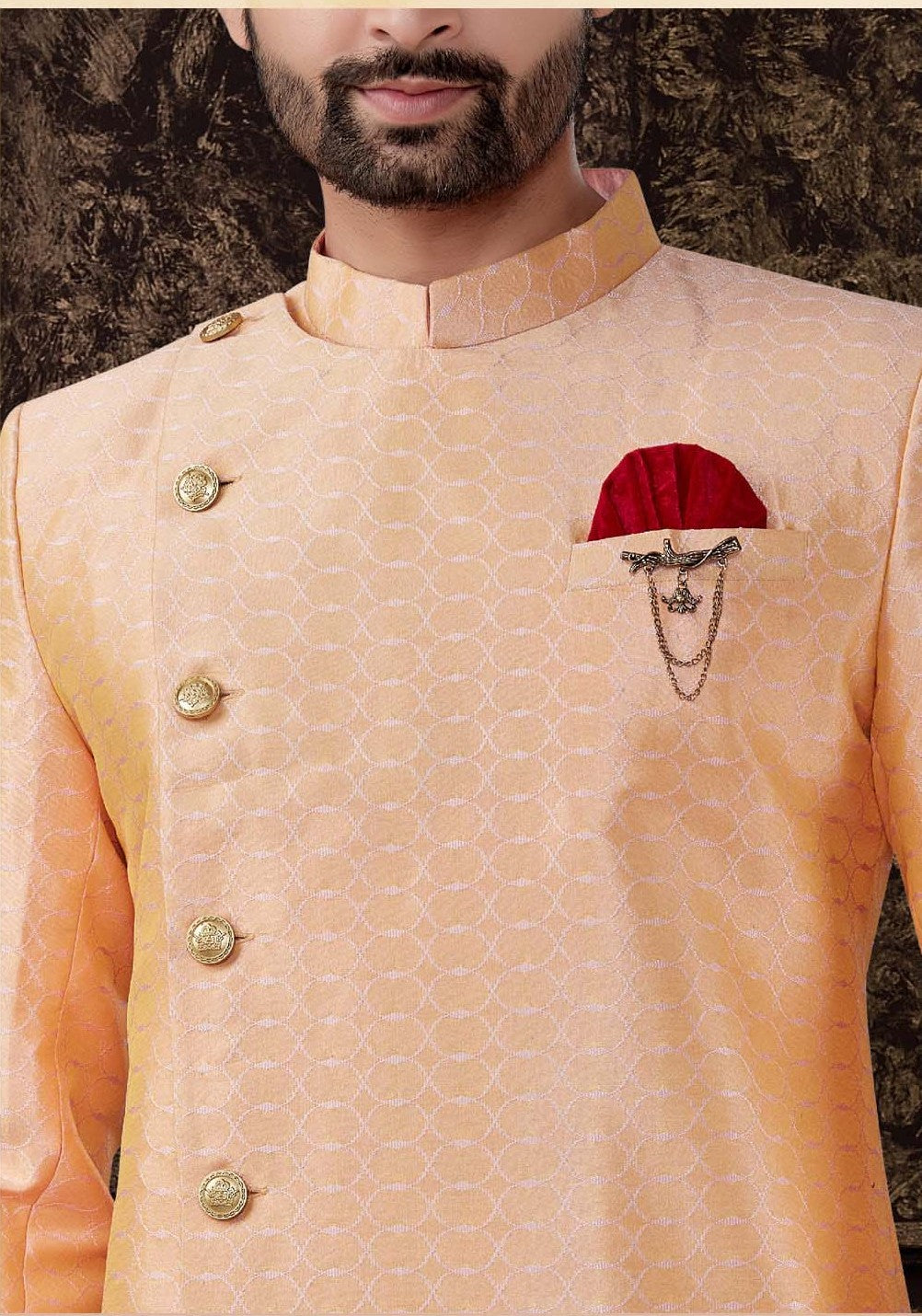 Peach Jacquard Silk Kurta | Indowestern Ethnic Wear with Gold Cotton Pant