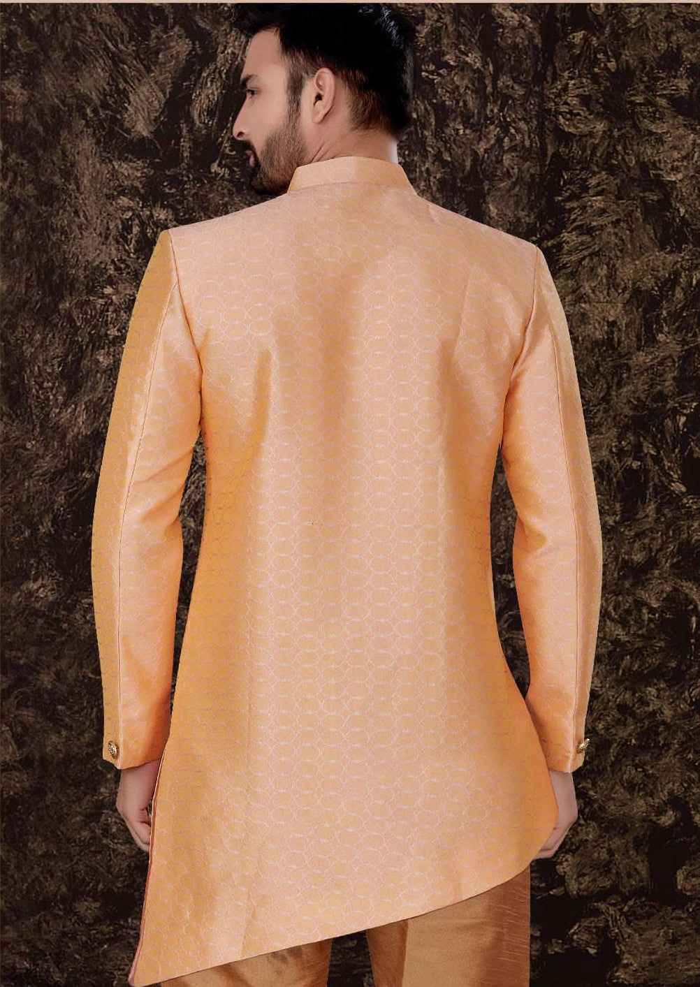 Peach Jacquard Silk Kurta | Indowestern Ethnic Wear with Gold Cotton Pant