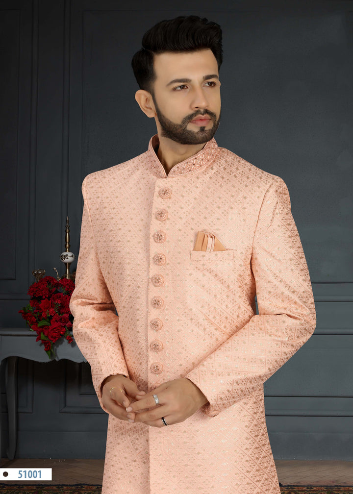 Elegant Peach Sherwani Set | Handwork and Embroidery with Churidar Pant