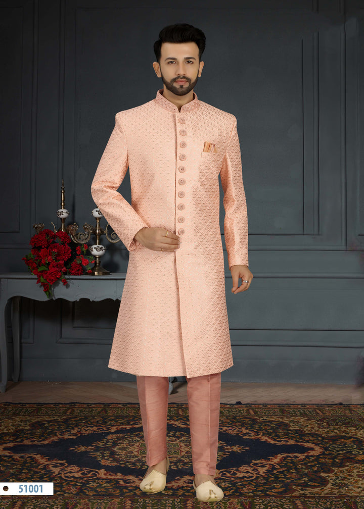 Elegant Peach Sherwani Set | Handwork and Embroidery with Churidar Pant