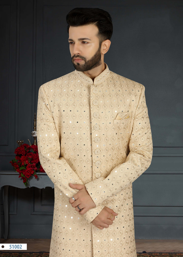 Light Gold Sherwani | Jacquard Silk with Hand Work and Golden Churidar