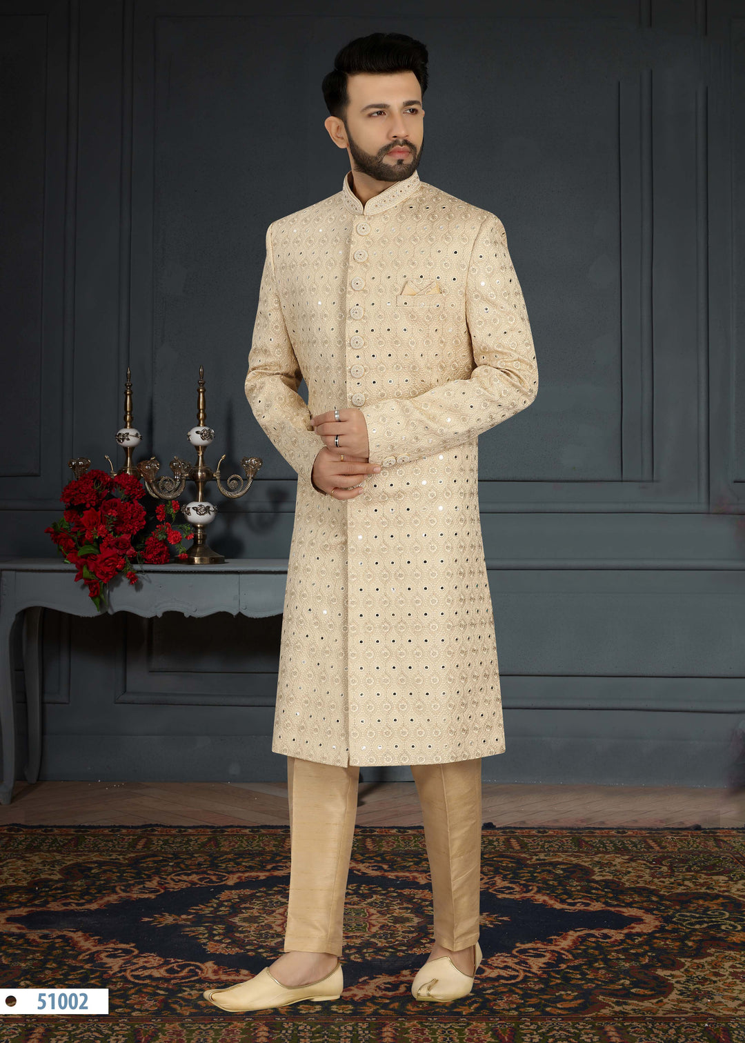 Light Gold Sherwani | Jacquard Silk with Hand Work and Golden Churidar