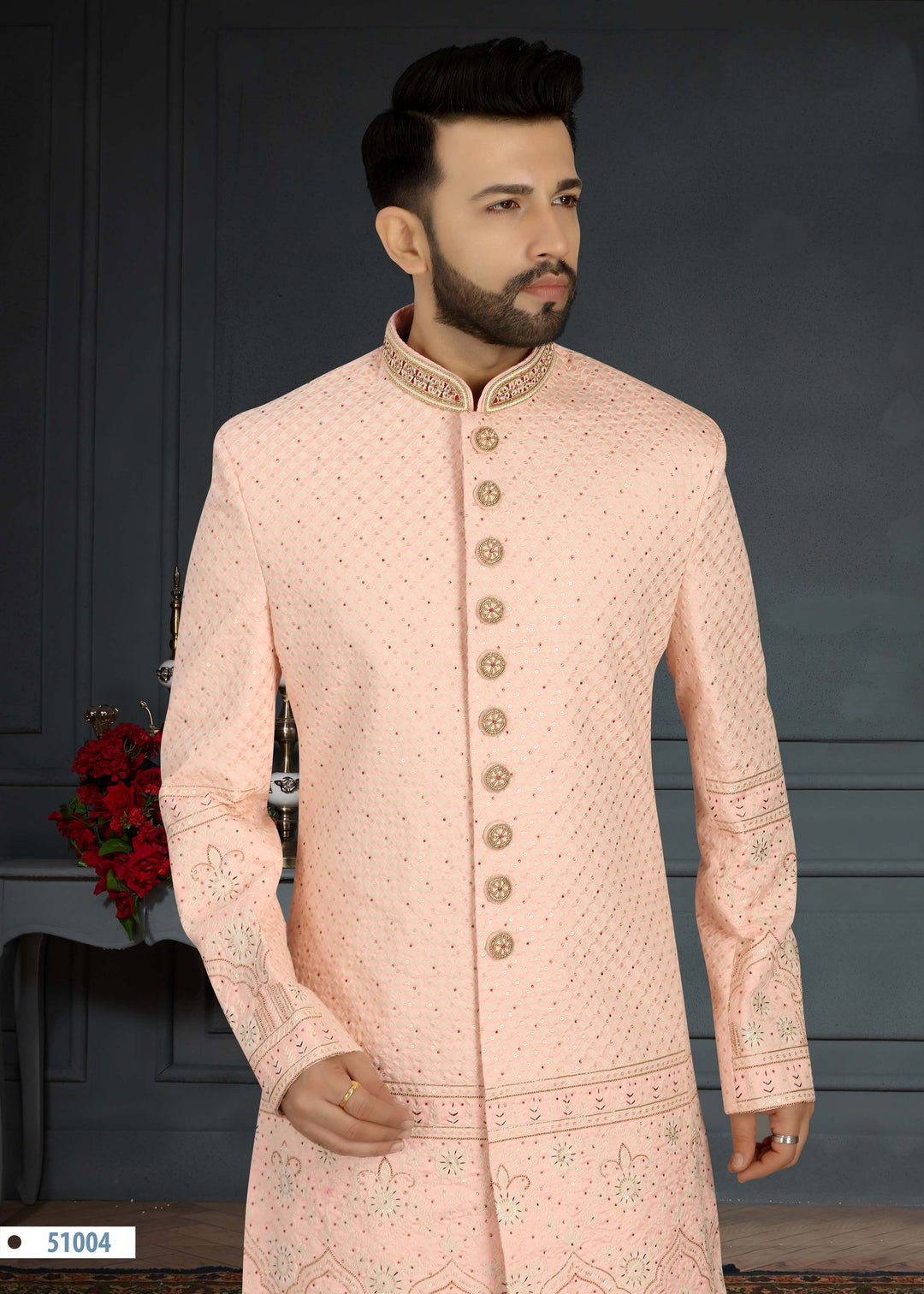 Elegant Light Pink Sherwani | Thread & Handwork with Dupion Churidar