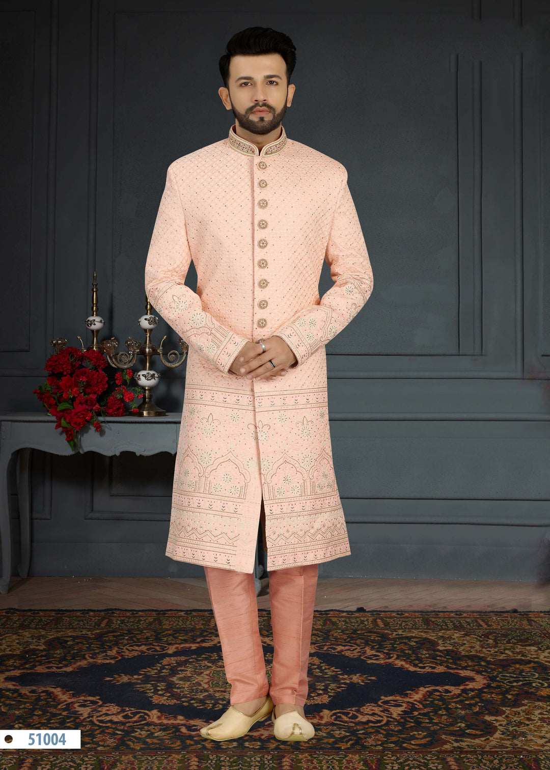 Elegant Light Pink Sherwani | Thread & Handwork with Dupion Churidar