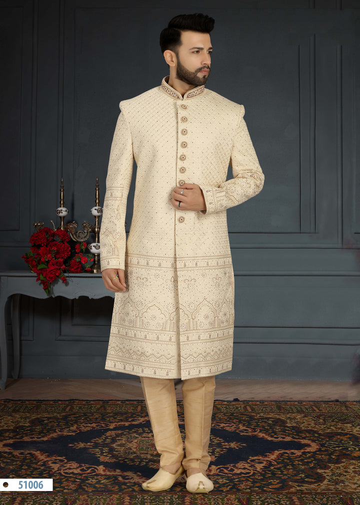 Stylish Men's Cream Sherwani | Traditional Embroidery with Dupion Silk