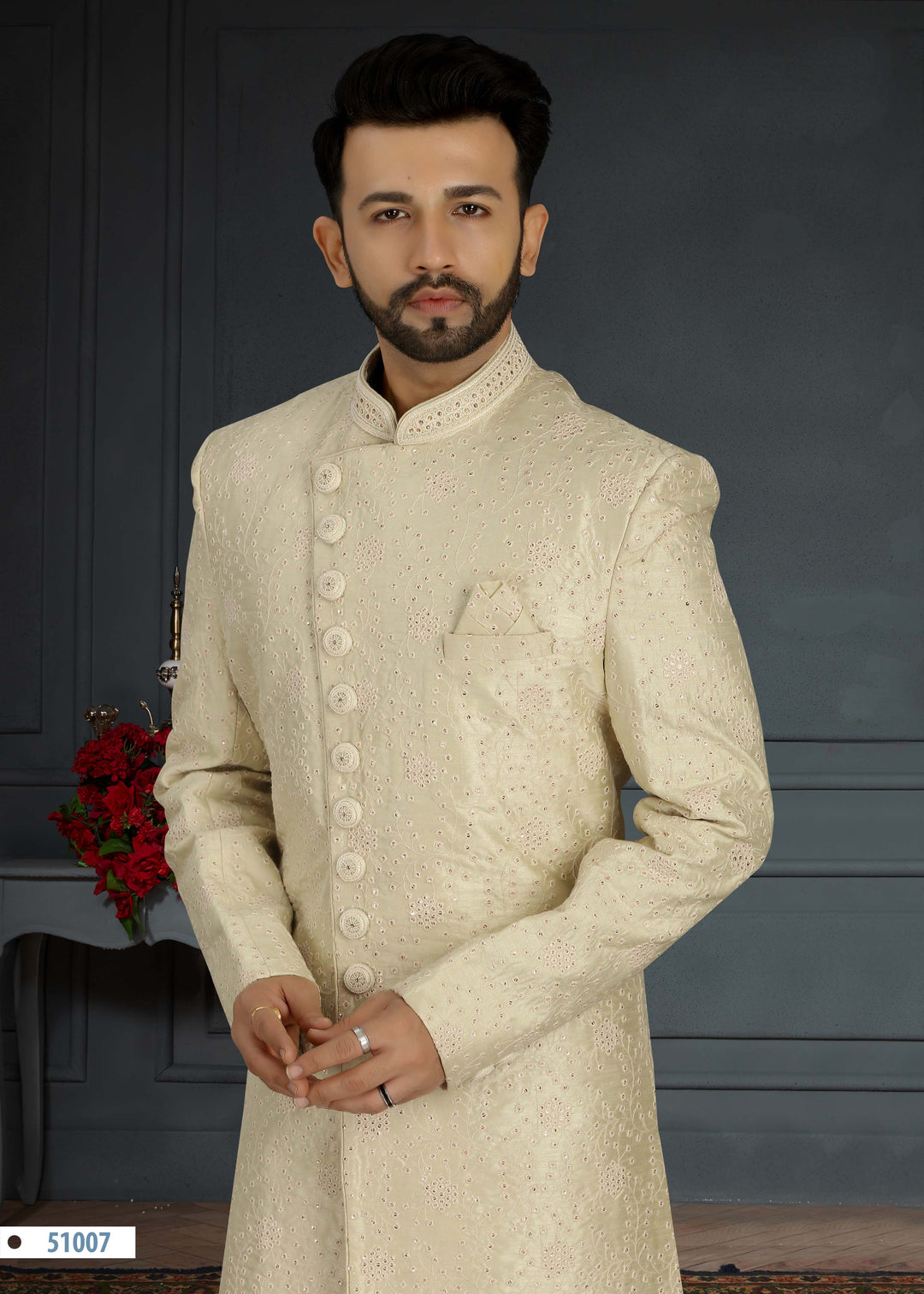 Men's Beige Sherwani | Traditional Sequence Work with Dupion Silk Churidar