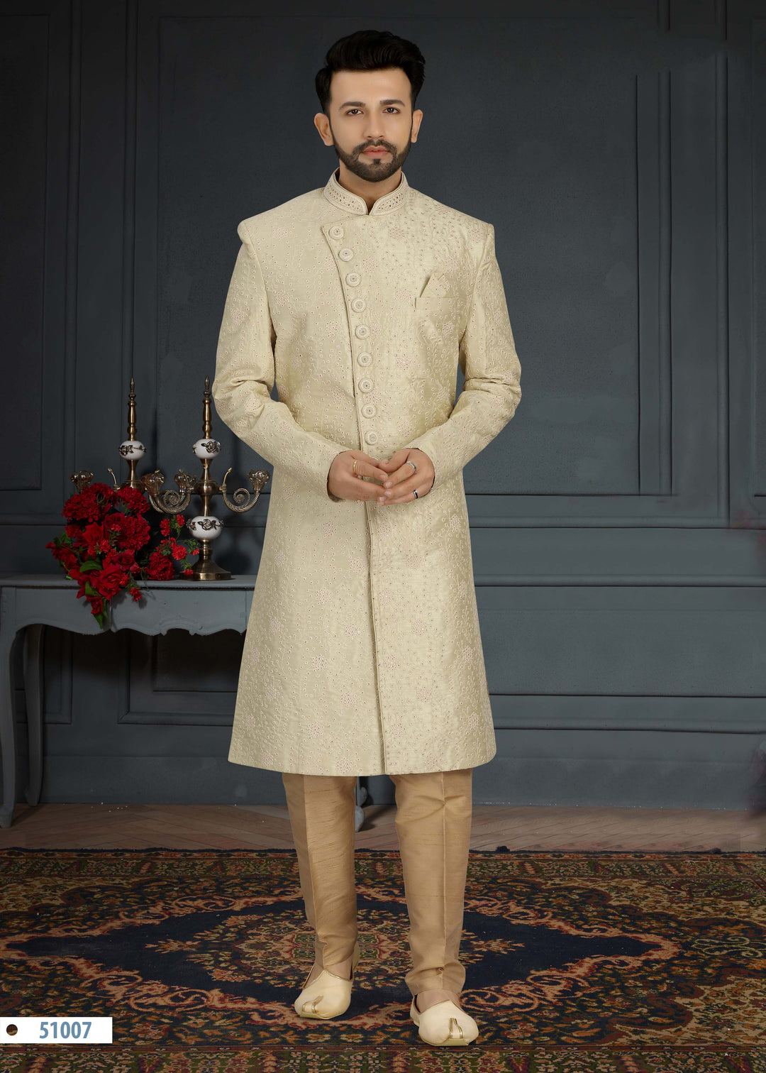 Men's Beige Sherwani | Traditional Sequence Work with Dupion Silk Churidar