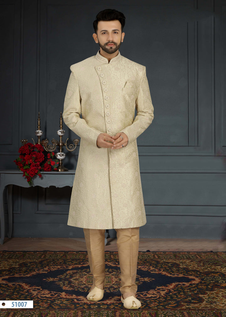 Men's Beige Sherwani | Traditional Sequence Work with Dupion Silk Churidar