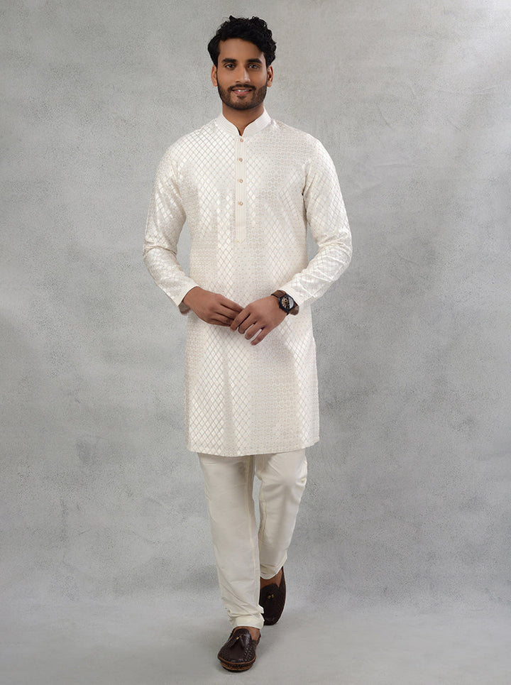 Men's Off White Silk Blend Kurta Pajama, All-Over Embroidered Pattern for Haldi Occasion