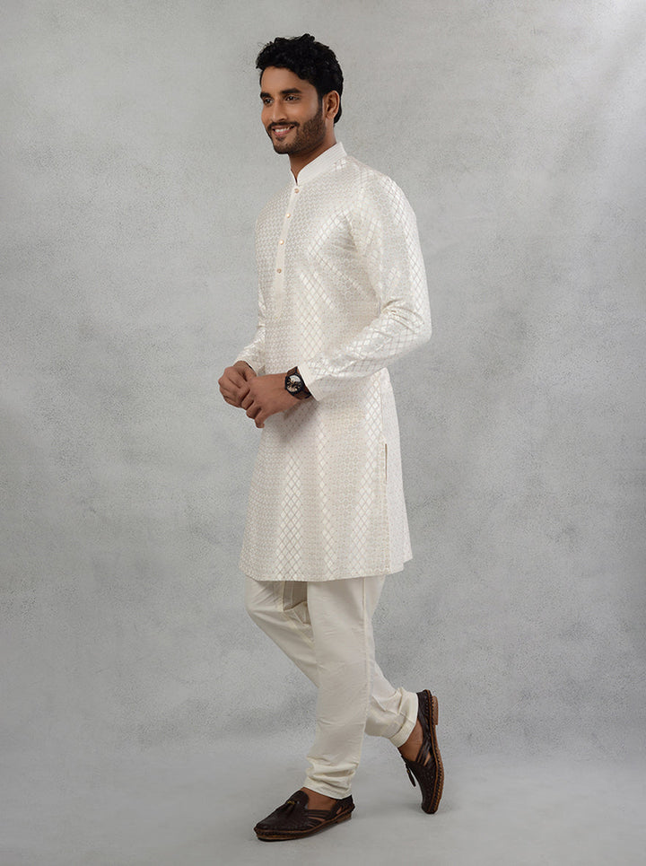 Silk Blend Off White Kurta Pajama for Men, Resham and Sequin Work for Festive Events