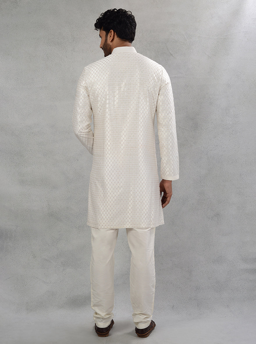 Men's Off White Silk Blend Kurta Pajama, Classic Straight Cut with Resham and Sequin Work