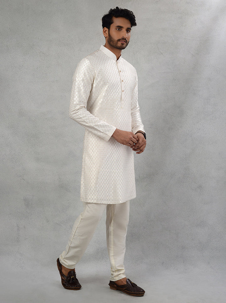 Off White Silk Blend Kurta Pajama for Men with Resham and Sequin Embroidery for Haldi