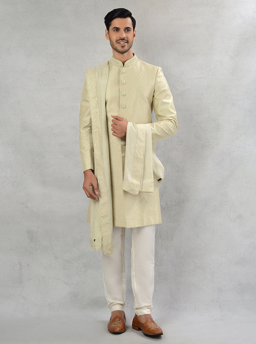 Celebrate cultural traditions in style with this beautifully crafted pista green silk blend sherwani, perfect for weddings and special events in the USA.