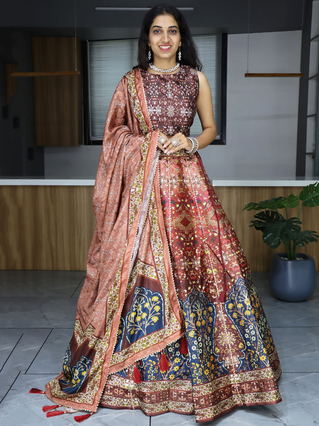 Lovely Brown Digital Printed Art Silk Lehenga Choli With Dupatta