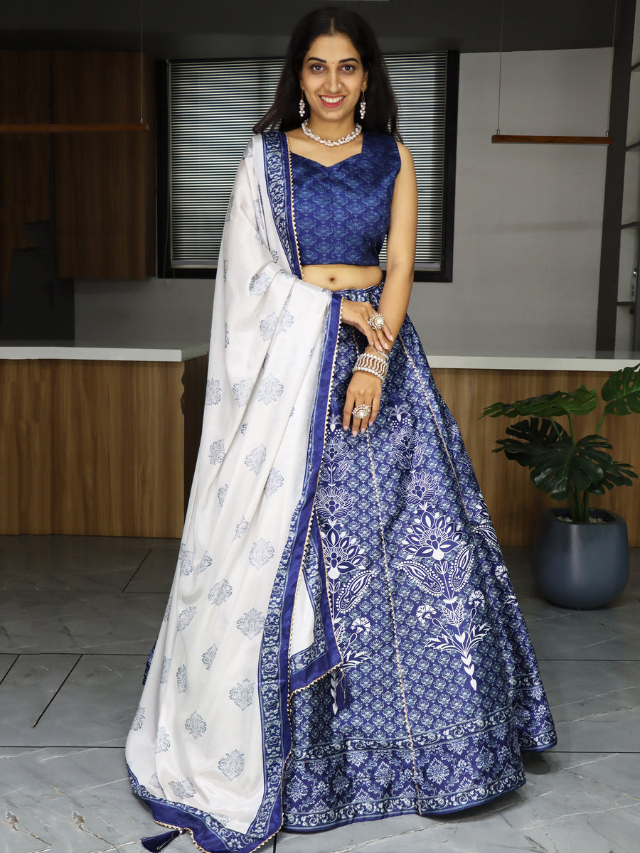 Adorable Navy Blue Printed Art Silk Event Wear Lehenga Choli