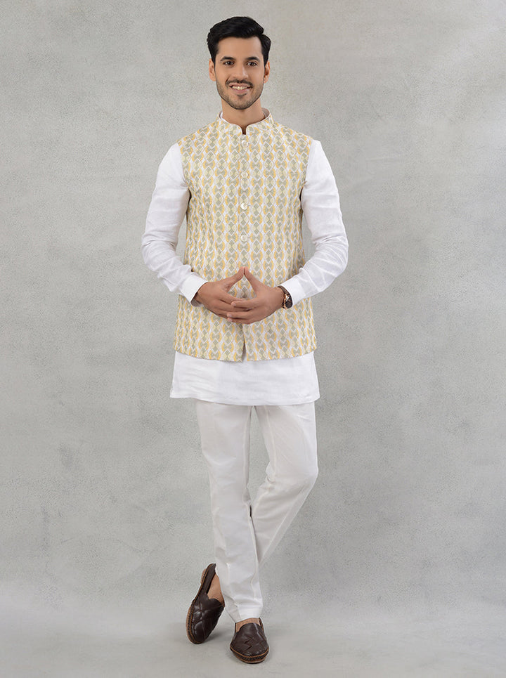 Elegant off-white silk kurta pajama with koti, perfect for stylish occasions in the USA.