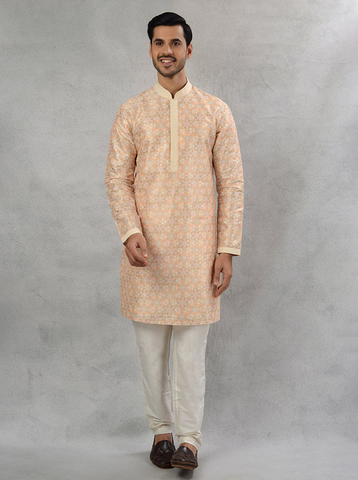 Men's Yellow Silk Kurta Pajama with Resham Work and Sequins, Ideal for Haldi Celebration