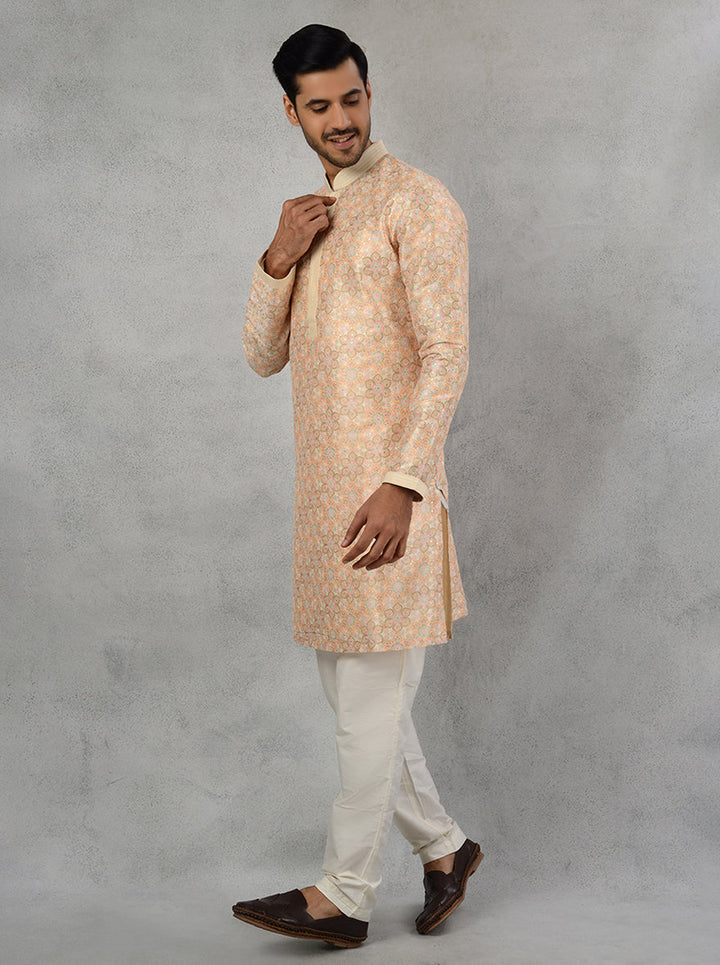 Silk Blend Printed and Embroidered Yellow Kurta Pajama, Perfect for Haldi and Weddings