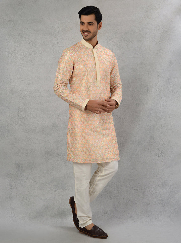 Men's Silk Blend Yellow Kurta Pajama, Resham and Sequin Embroidery for Haldi Celebrations