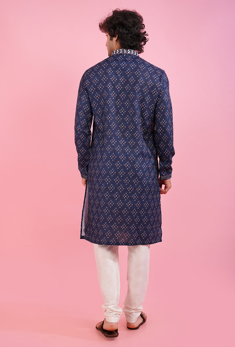 Premium blue silk kurta pajama set for men, ideal for formal events and traditional wear.