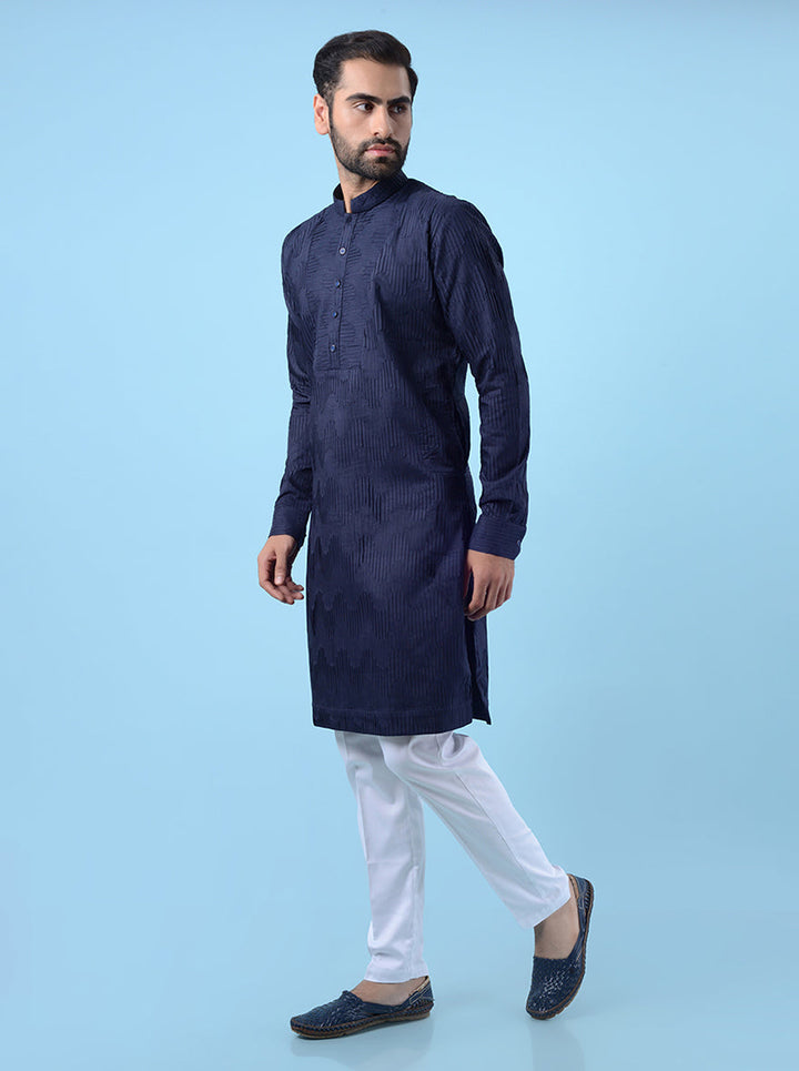 Traditional navy blue embroidered kurta for men, great for festive occasions and parties.