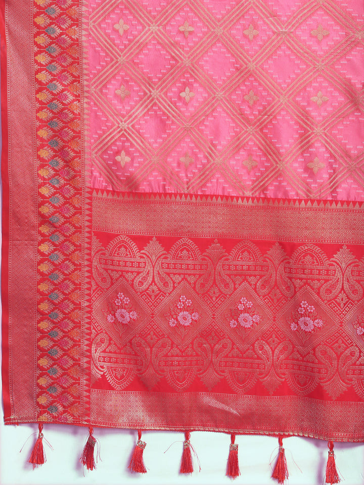 Coral pink Organza silk saree with rich zari and Meenakari pallu design, ideal for cultural events.