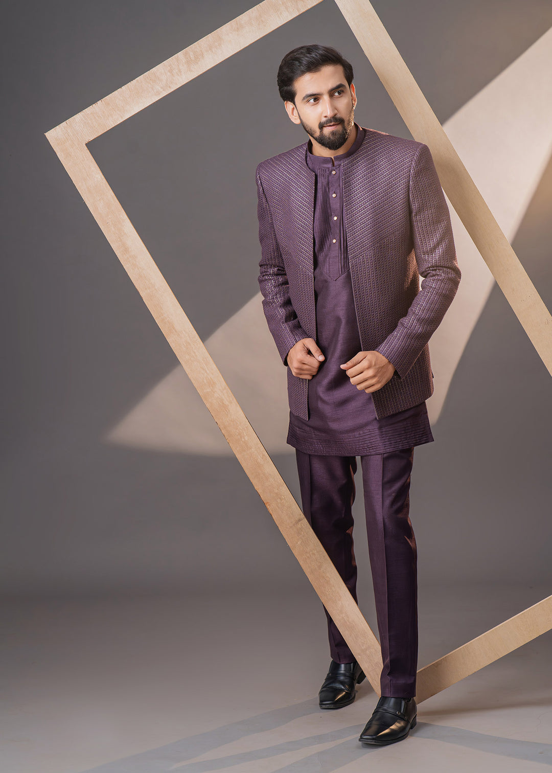 Elevate your style with our deep purple Indo-Western outfit, perfect for weddings and celebrations.