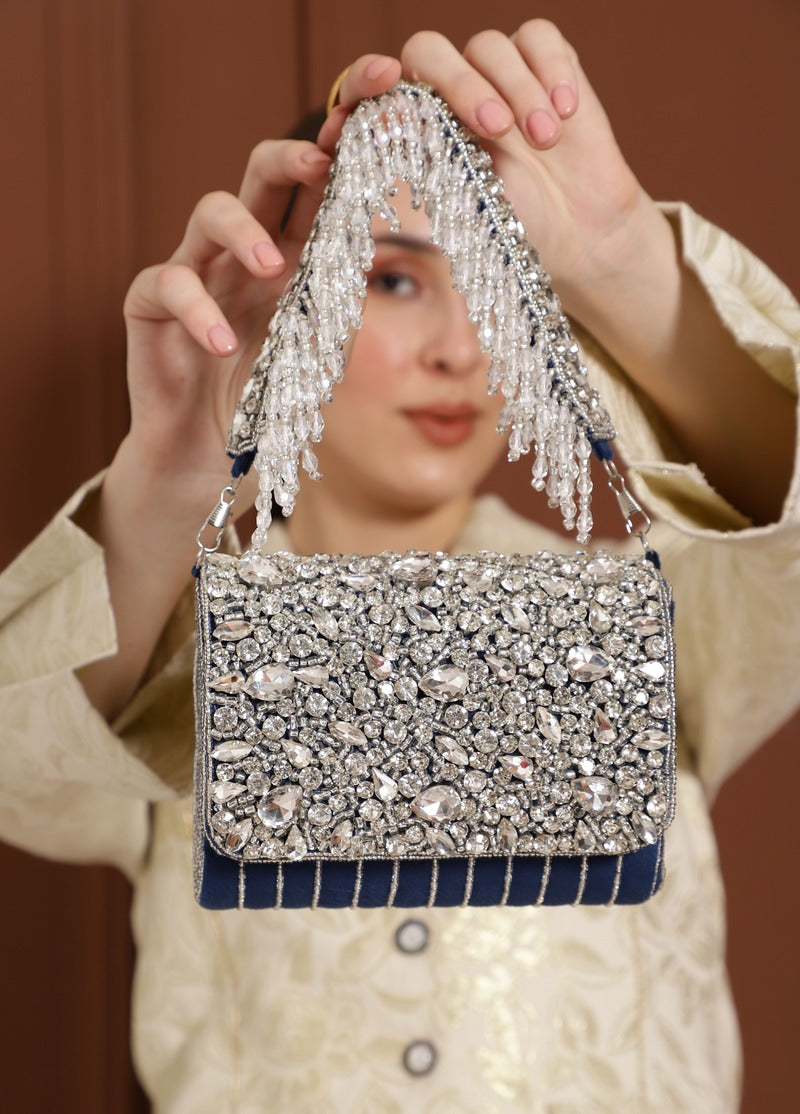 Grace Embellished Flap Bags | Timeless Blue Handbag with Artistic Elegance