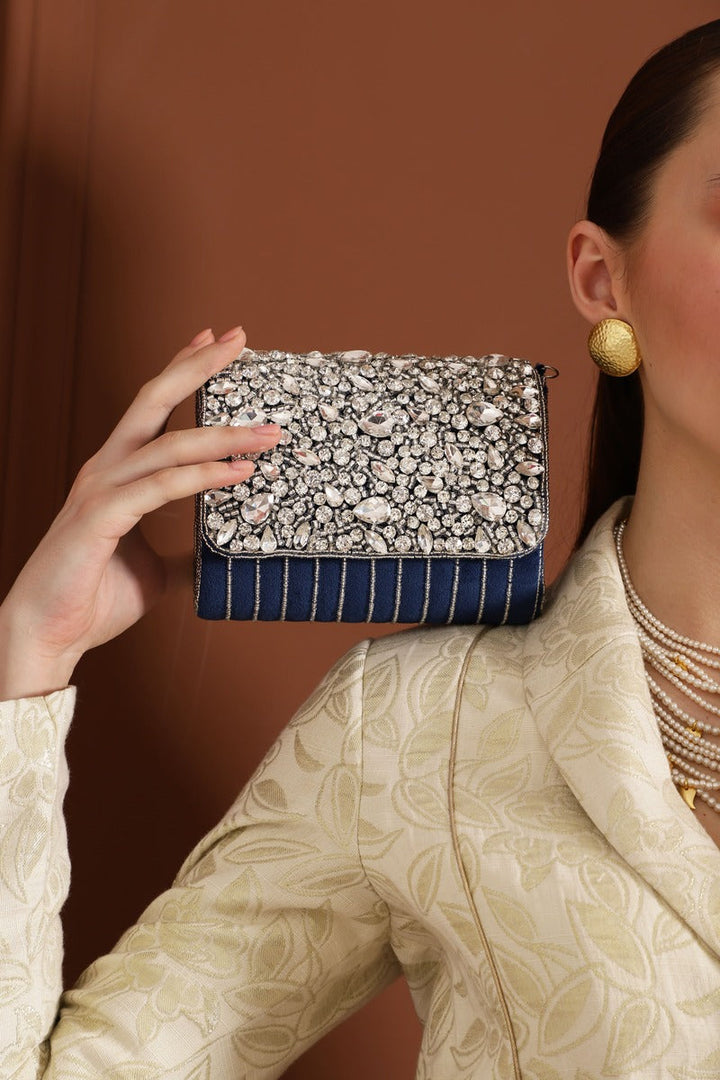 Grace Embellished Flap Bags | Timeless Blue Handbag with Artistic Elegance