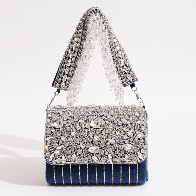 Grace Embellished Flap Bags | Timeless Blue Handbag with Artistic Elegance