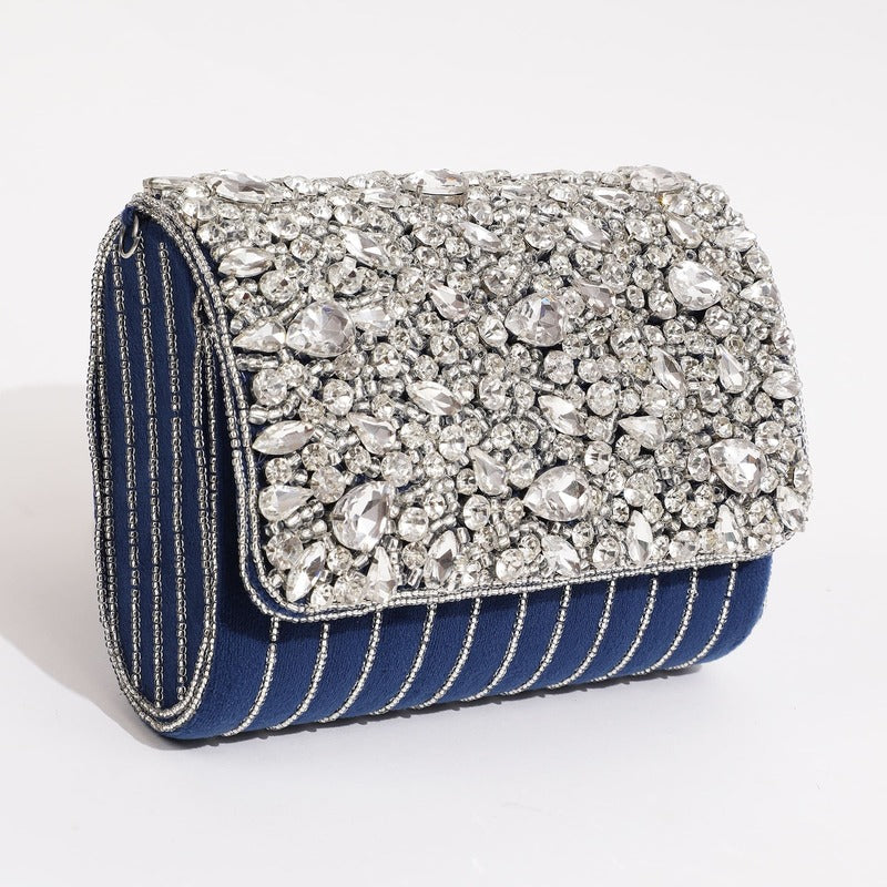 Grace Embellished Flap Bags | Timeless Blue Handbag with Artistic Elegance