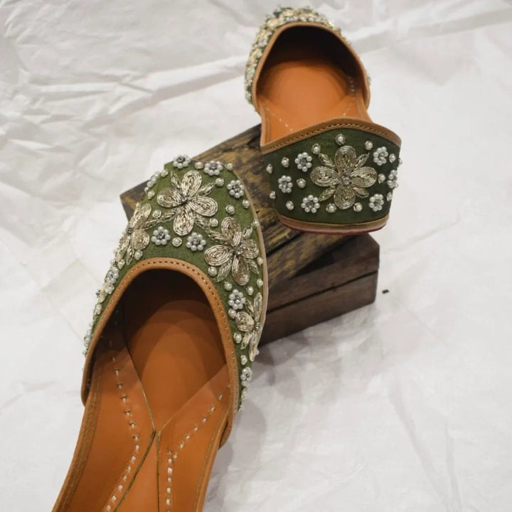 Designer Green Jutti | Traditional Handcrafted Footwear with Moti Work