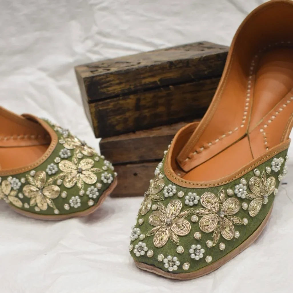 Designer Green Jutti | Traditional Handcrafted Footwear with Moti Work