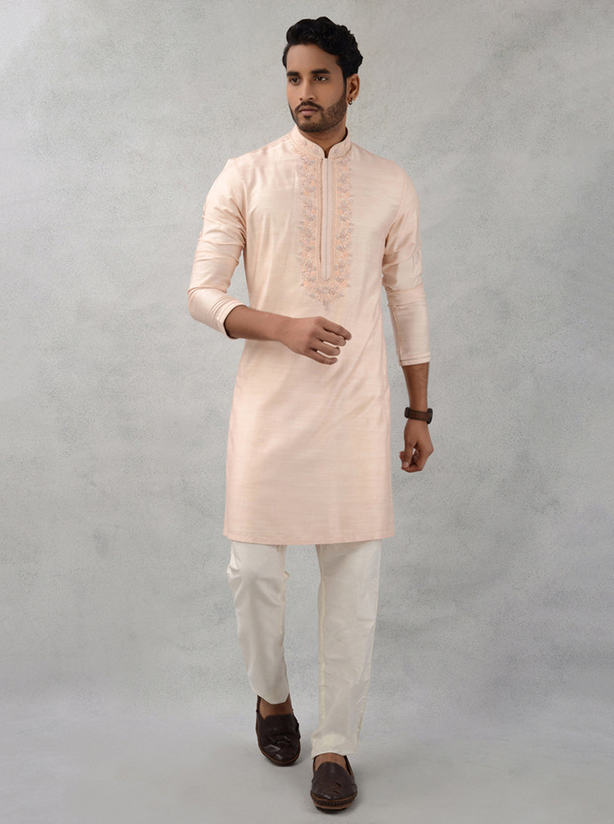 Peach silk embroidered kurta pajama, elegant wedding attire